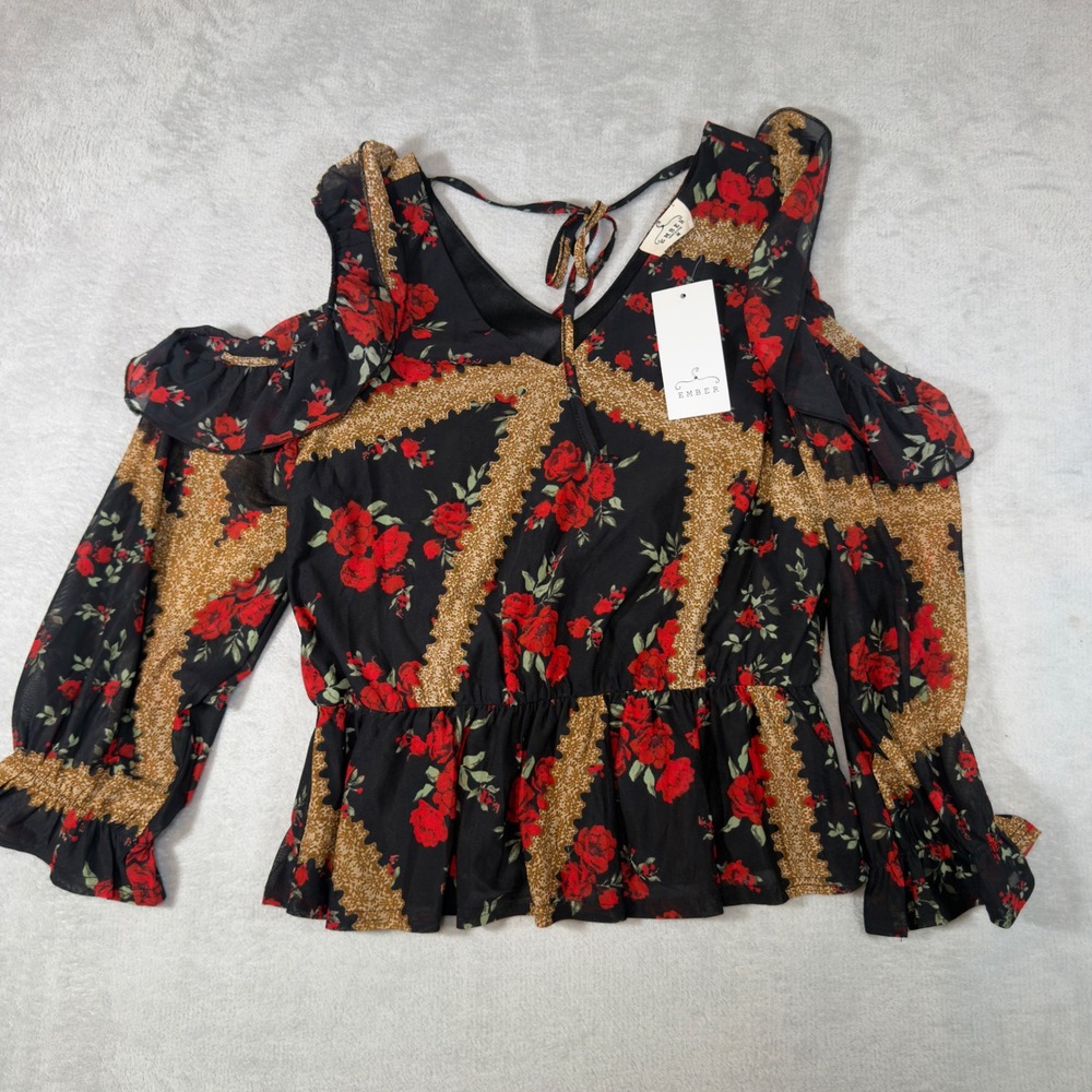 Ember Womens Red Rose Floral Cold Shoulder Peplum Blouse Black Long Sleeve M NEW